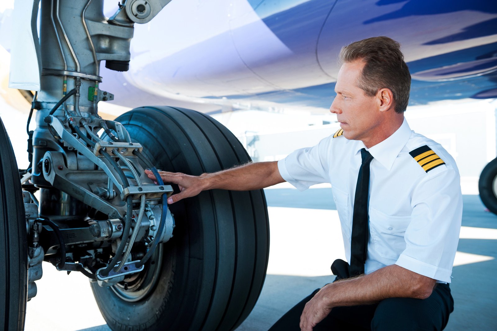 Pilot in uniform inspecting a main landing gear brake assembly and tire