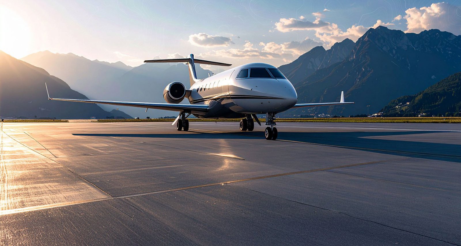 Business jet parked on the ramp at sunrise with mountains behind it
