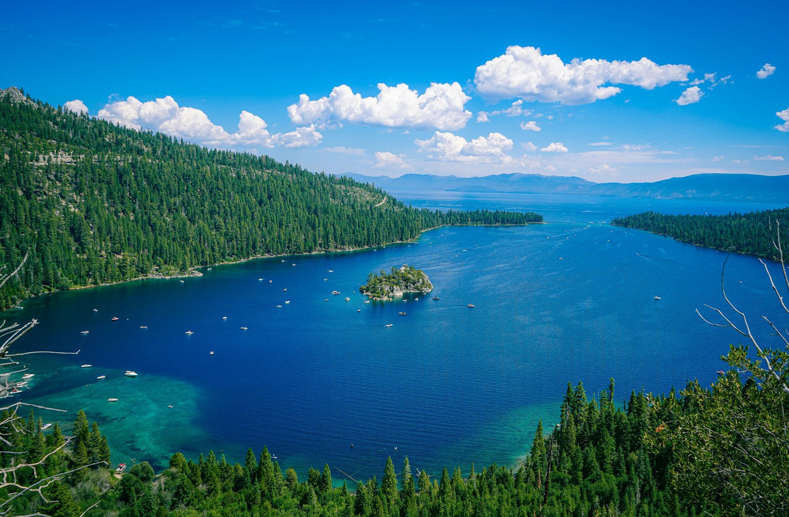 Emerald Bay at Lake Tahoe from above, with Fannette Island and forested shoreline