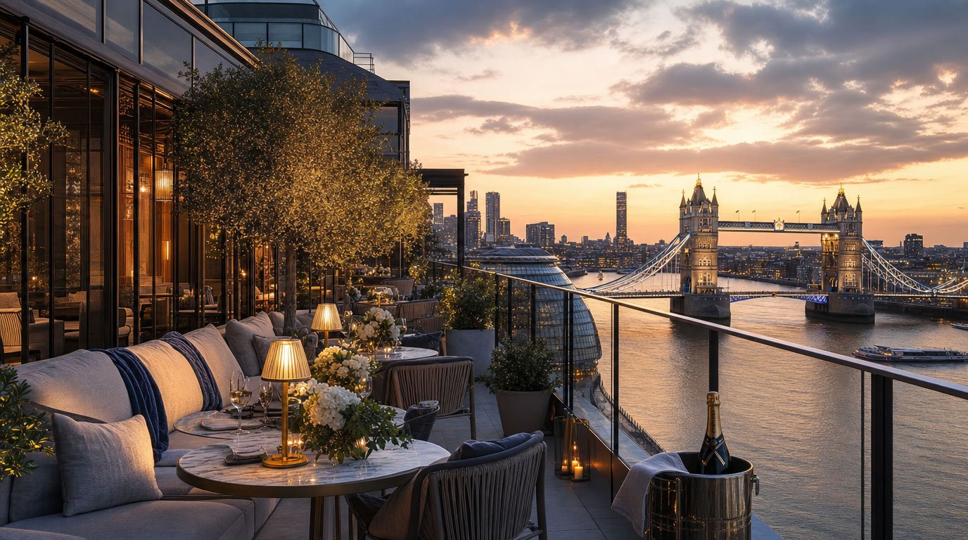 Terrace at dusk overlooking Tower Bridge and the Thames