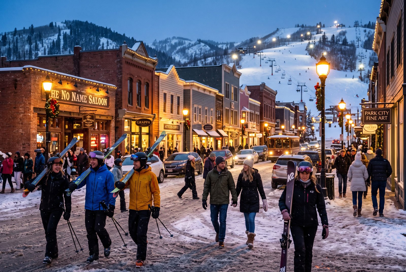 Skiers walking Main Street at dusk past historic storefronts in the snow