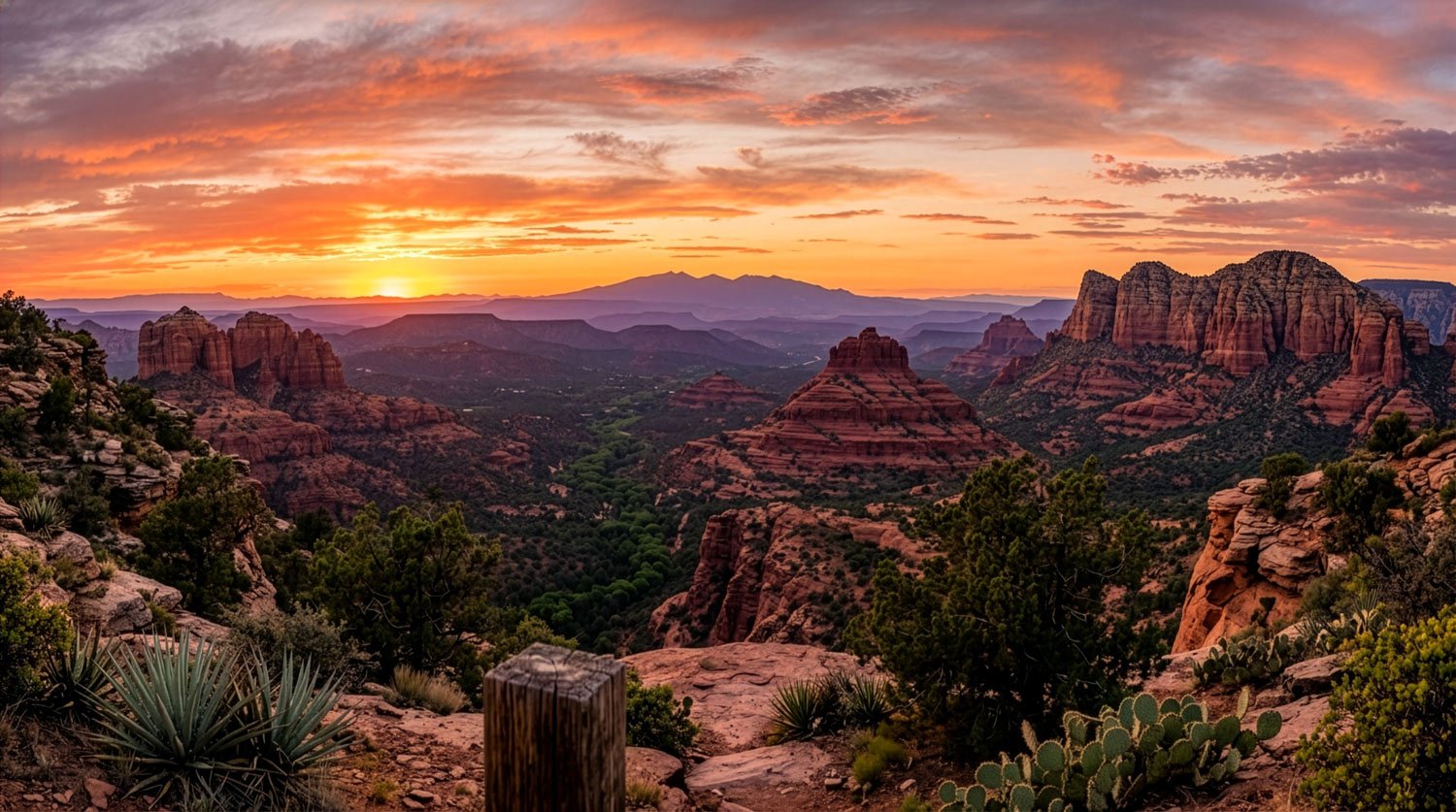 Red rock formations at sunset with layered ridges in the distance